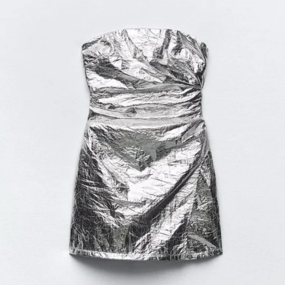 Zara RUCHED METALLIC MINI ROMPER DRESS SIZE XS NWT - Picture 2 of 9